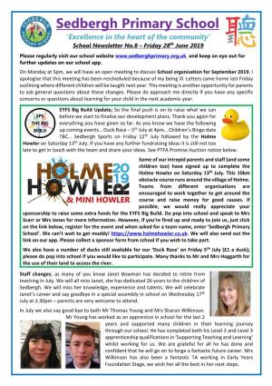 Sedbergh Primary School ‘Excellence in the Heart of the Community’ School Newsletter No.8 – Friday 28Th June 2019