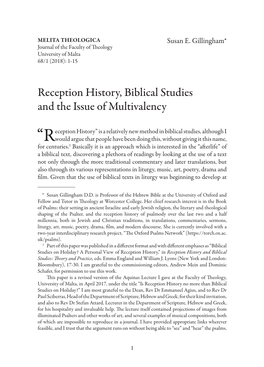 Reception History, Biblical Studies and the Issue of Multivalency