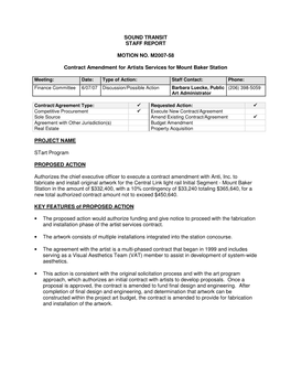 SOUND TRANSIT STAFF REPORT MOTION NO. M2007-58 Contract