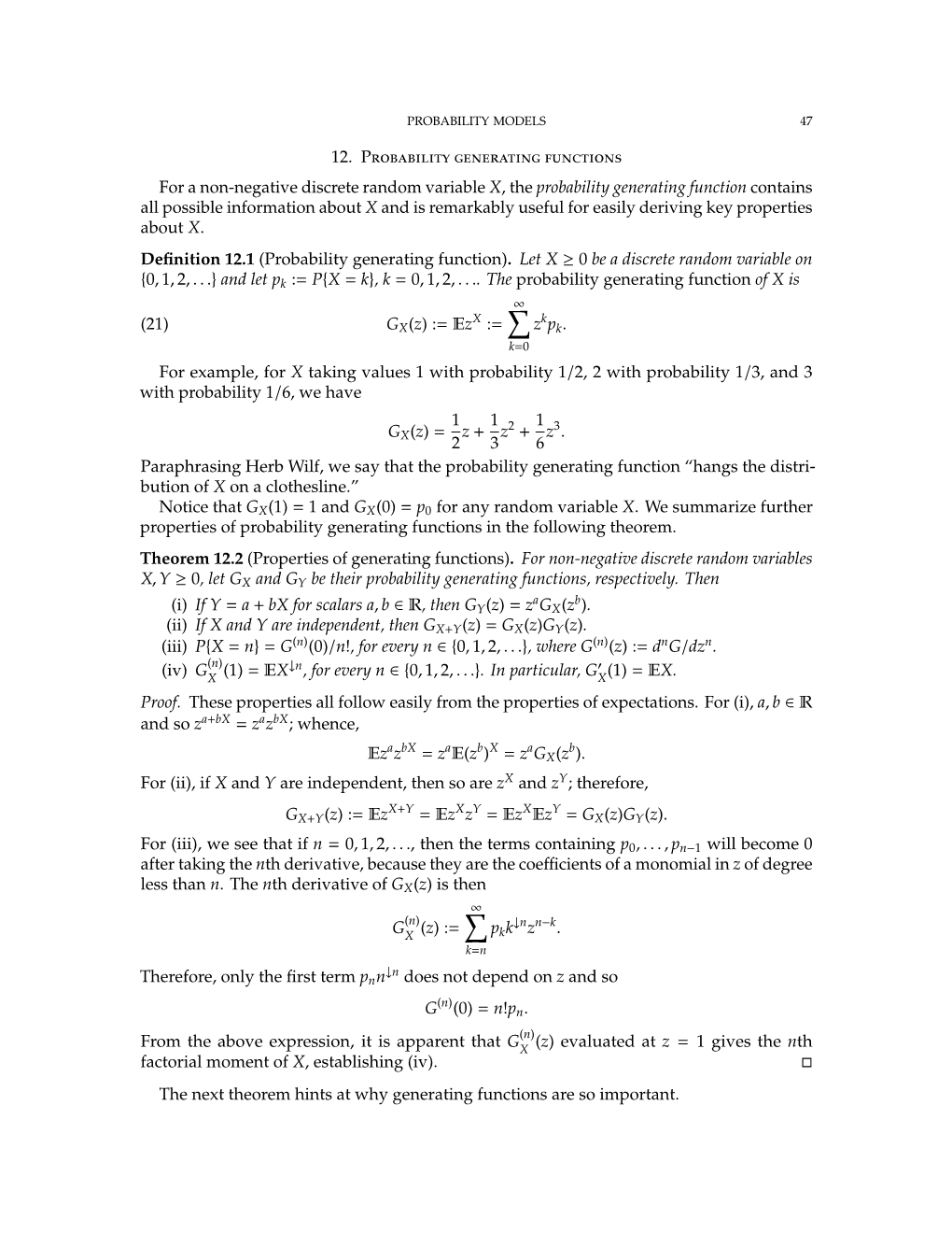 12. Probability Generating Functions for a Non-Negative Discrete Random