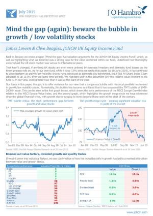 Mind the Gap (Again): Beware the Bubble in Growth / Low Volatility Stocks