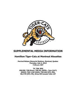 SUPPLEMENTAL MEDIA INFORMATION Hamilton Tiger-Cats