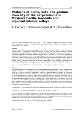 Patterns of Alpha, Beta and Gamma Diversity of the Herpetofauna in Mexico’S Pacific Lowlands and Adjacent Interior Valleys A