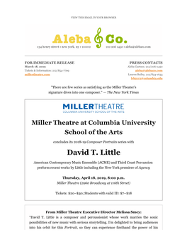 Miller Theatre Presents a Composer Portrait of David T. Little, 4/18