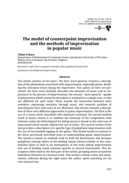 The Model of Counterpoint Improvisation and the Methods of Improvisation in Popular Music