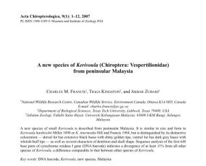 A New Species of Kerivoula (Chiroptera: Vespertilionidae) from Peninsular Malaysia