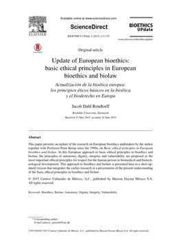 Update of European Bioethics: Basic Ethical Principles in European