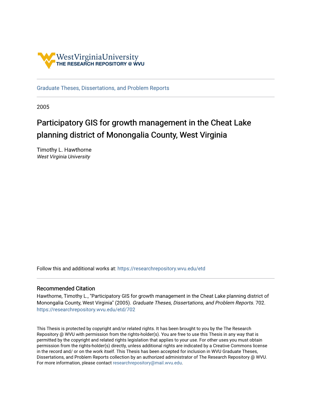 Participatory GIS for Growth Management in the Cheat Lake Planning District of Monongalia County, West Virginia