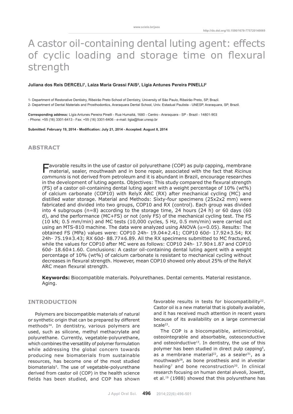 A Castor Oil-Containing Dental Luting Agent: Effects RIF\FOLFORDGLQJDQGVWRUDJHWLPHRQÀH[XUDO Strength