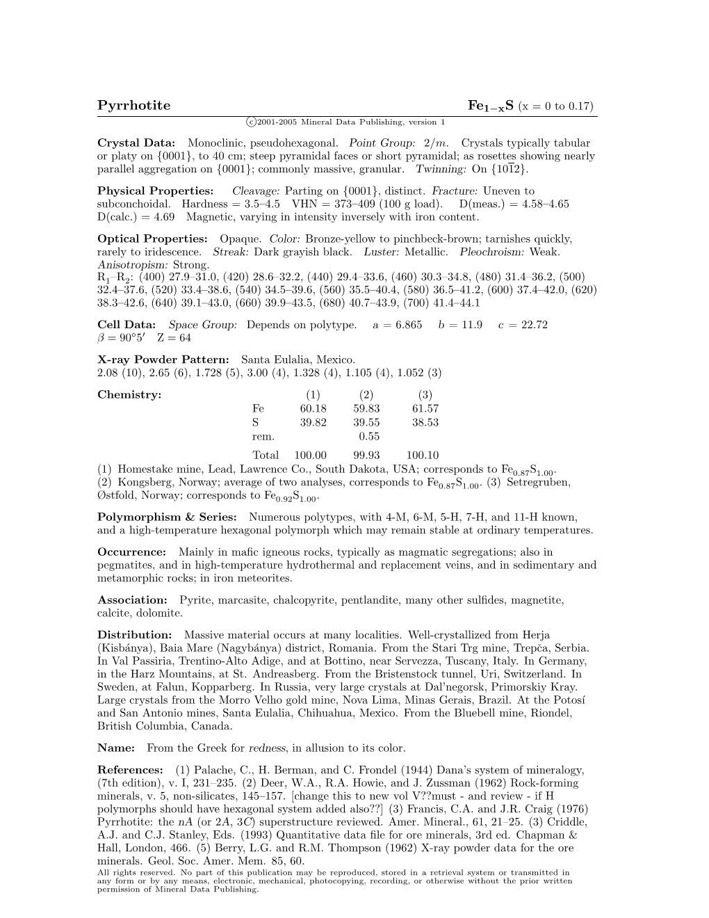 Pyrrhotite Fe1−Xs (X = 0 to 0.17) C 2001-2005 Mineral Data Publishing, Version 1 Crystal Data: Monoclinic, Pseudohexagonal