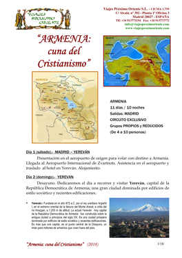 “Armenia: Cuna Del Cristianismo” (2018) 1/16 Viajes Próximo Oriente S.L