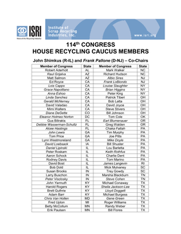 114Th CONGRESS HOUSE RECYCLING CAUCUS MEMBERS