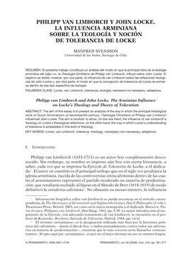 Philipp Van Limborch Y John Locke. La Influencia Arminiana Sobre La Teología Y Noción De Tolerancia De Locke