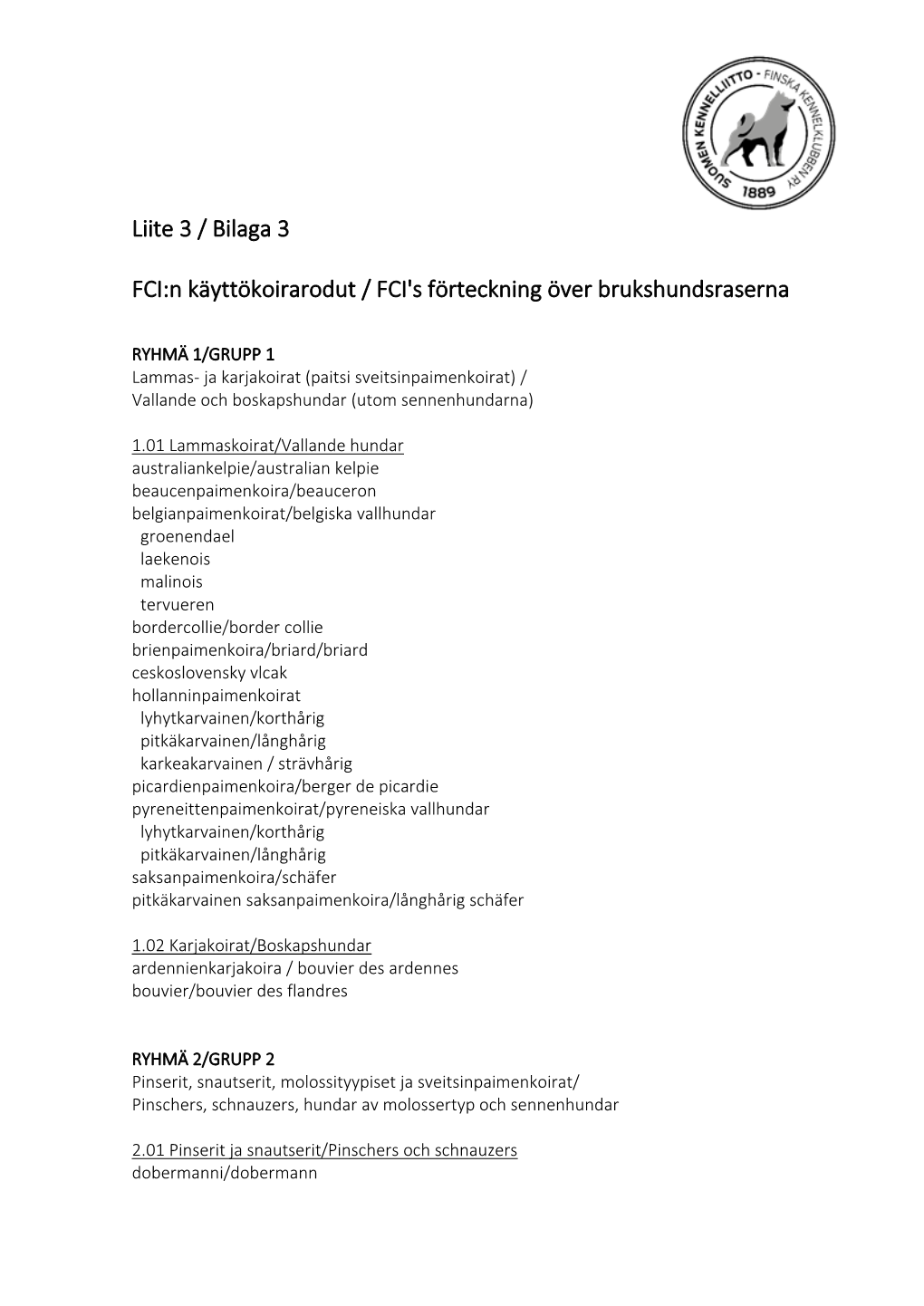 Liite 3 / Bilaga 3 FCI:N Käyttökoirarodut / FCI's Förteckning Över Brukshundsraserna