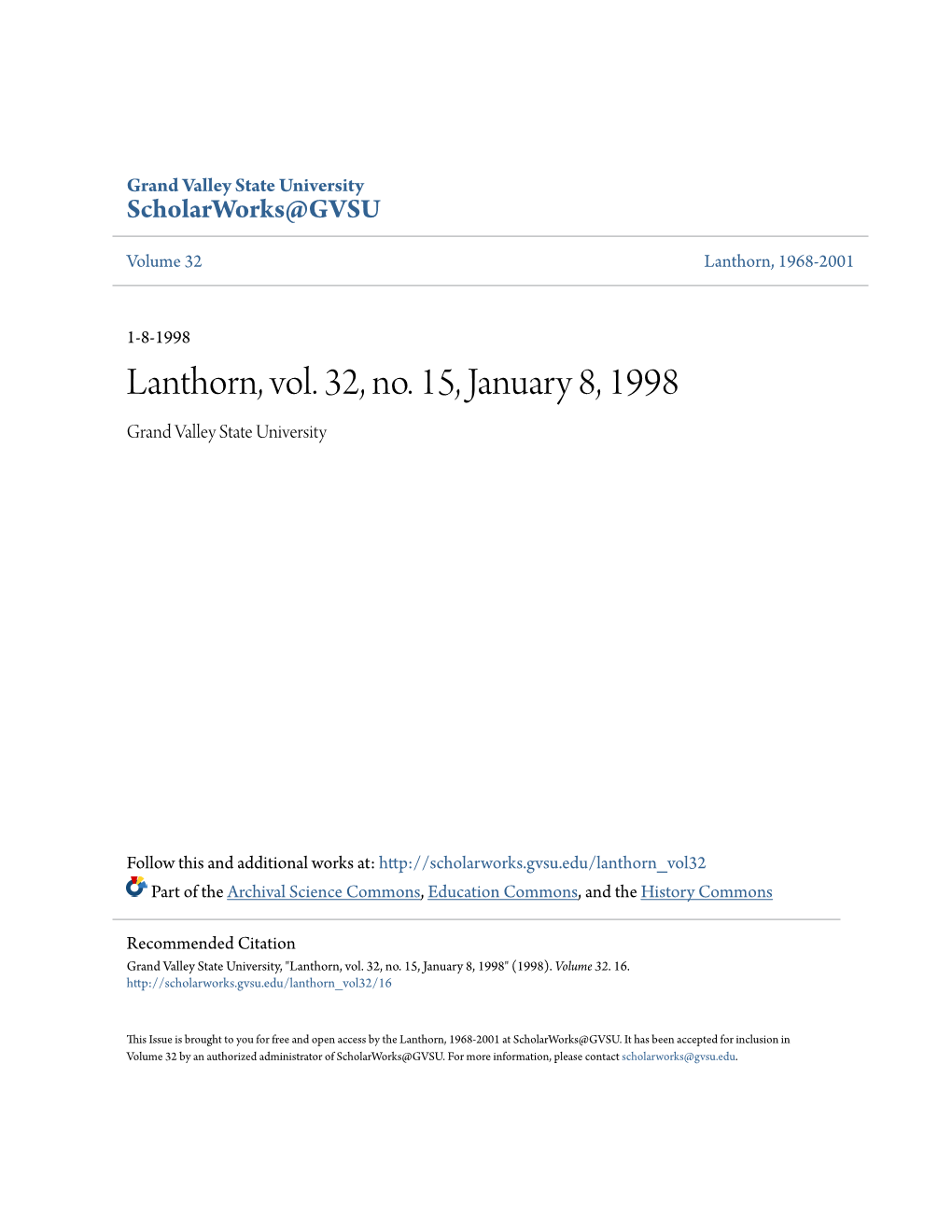 Lanthorn, Vol. 32, No. 15, January 8, 1998 Grand Valley State University