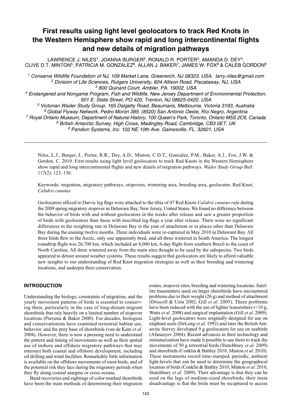 First Results Using Light Level Geolocators to Track Red Knots in the Western Hemisphere Show Rapid and Long Intercontinental F