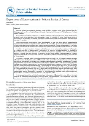 Expressions of Euroscepticism in Political Parties of Greece Eimantas K* Master’S in Political Science, Kaunas, Lithuania