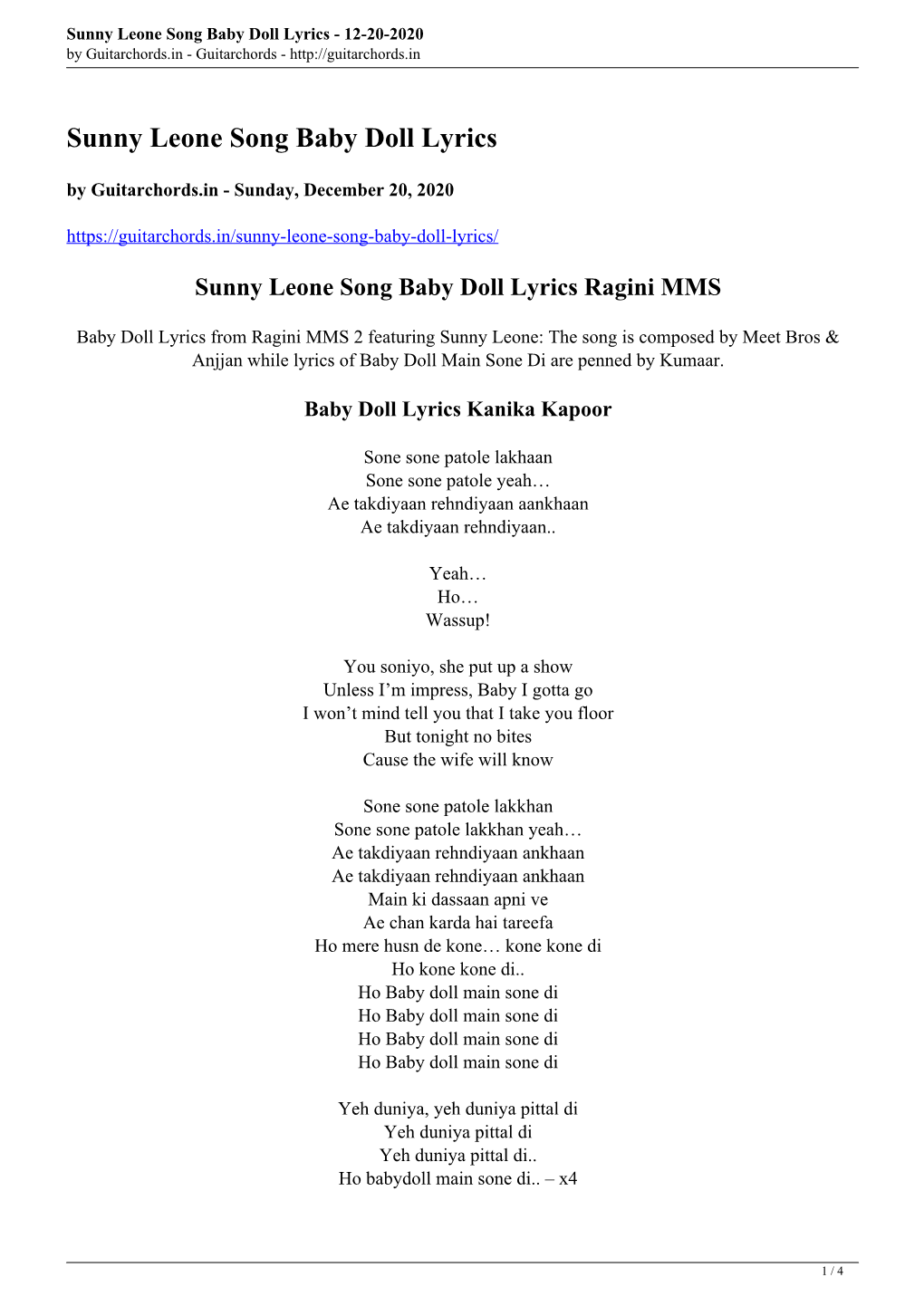 Sunny Leone Song Baby Doll Lyrics - 12-20-2020 by Guitarchords.In - Guitarchords