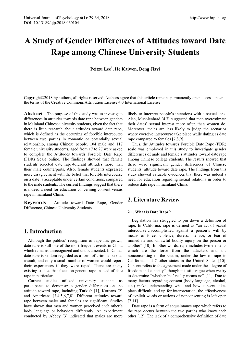 A Study of Gender Differences of Attitudes Toward Date Rape Among Chinese University Students