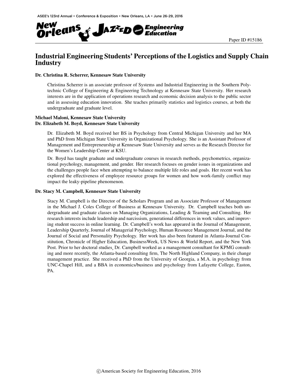 Industrial Engineering Students' Perceptions of the Logistics and Supply Chain Industry