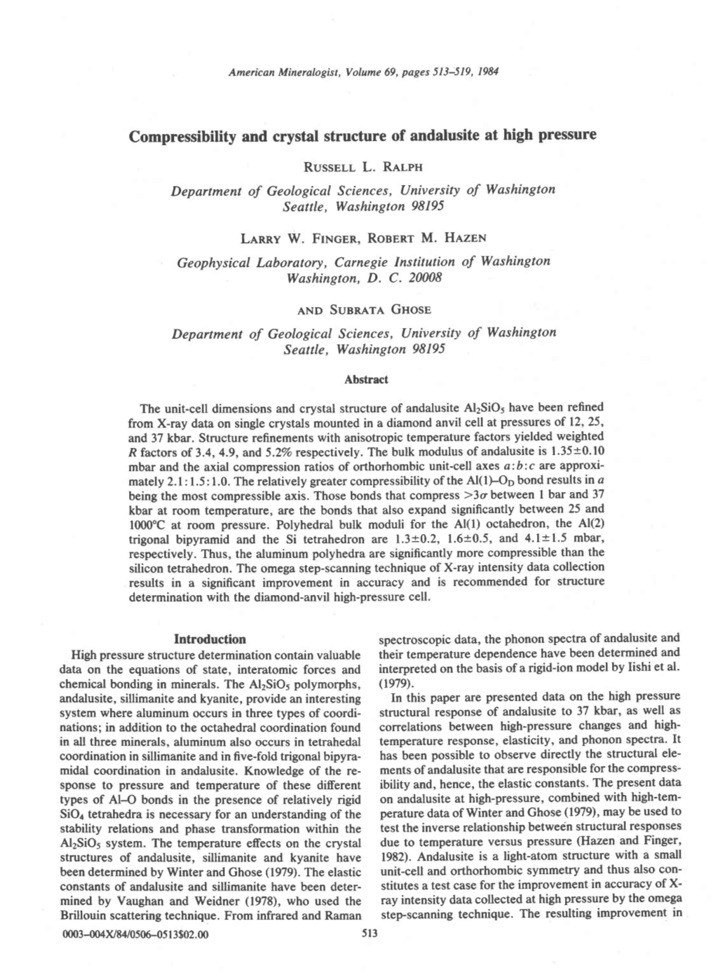 Compressibility and Crystal Structure of Andalusite at High Pressure