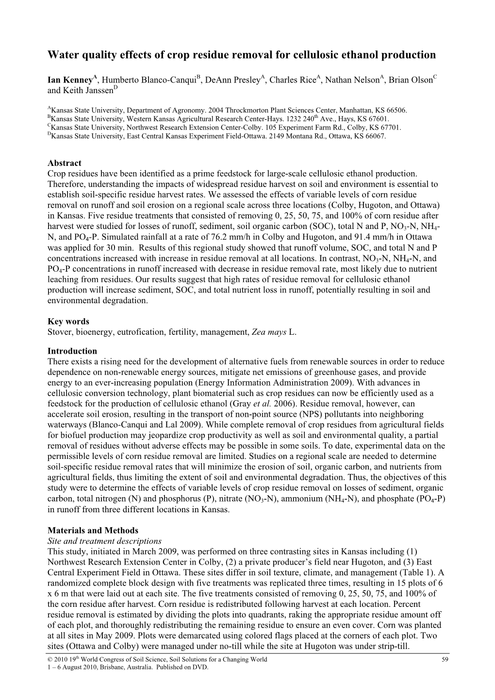 Water Quality Effects of Crop Residue Removal for Cellulosic Ethanol Production