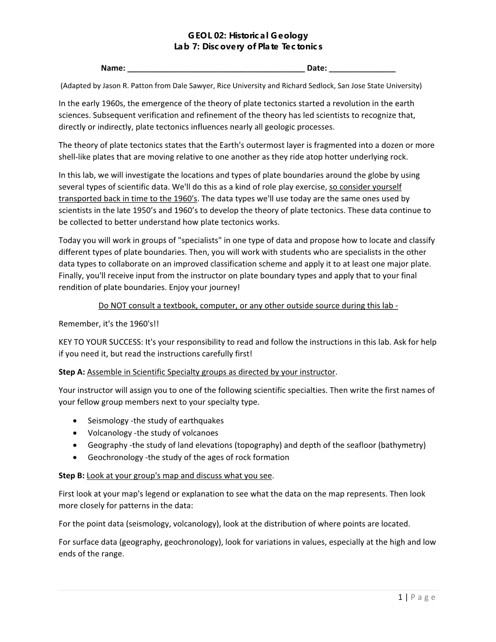 GEOL 02: Historical Geology Lab 7: Discovery of Plate Tectonics 1
