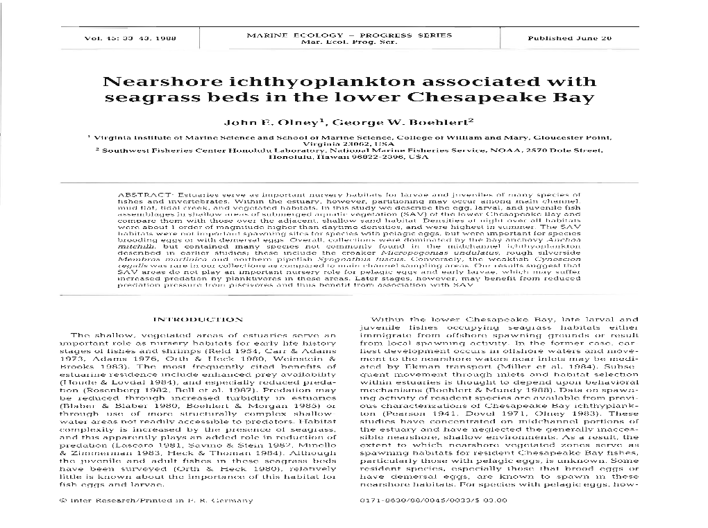 Nearshore Ichthyoplankton Associated with Seagrass Beds in the Lower Chesapeake Bay