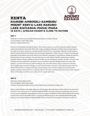 Kenya Nairobi-Amboseli-Samburu Mount Kenya-Lake Nakuru- Lake Naivasha-Masai Mara 13 Days | African Charm & Close to Nature