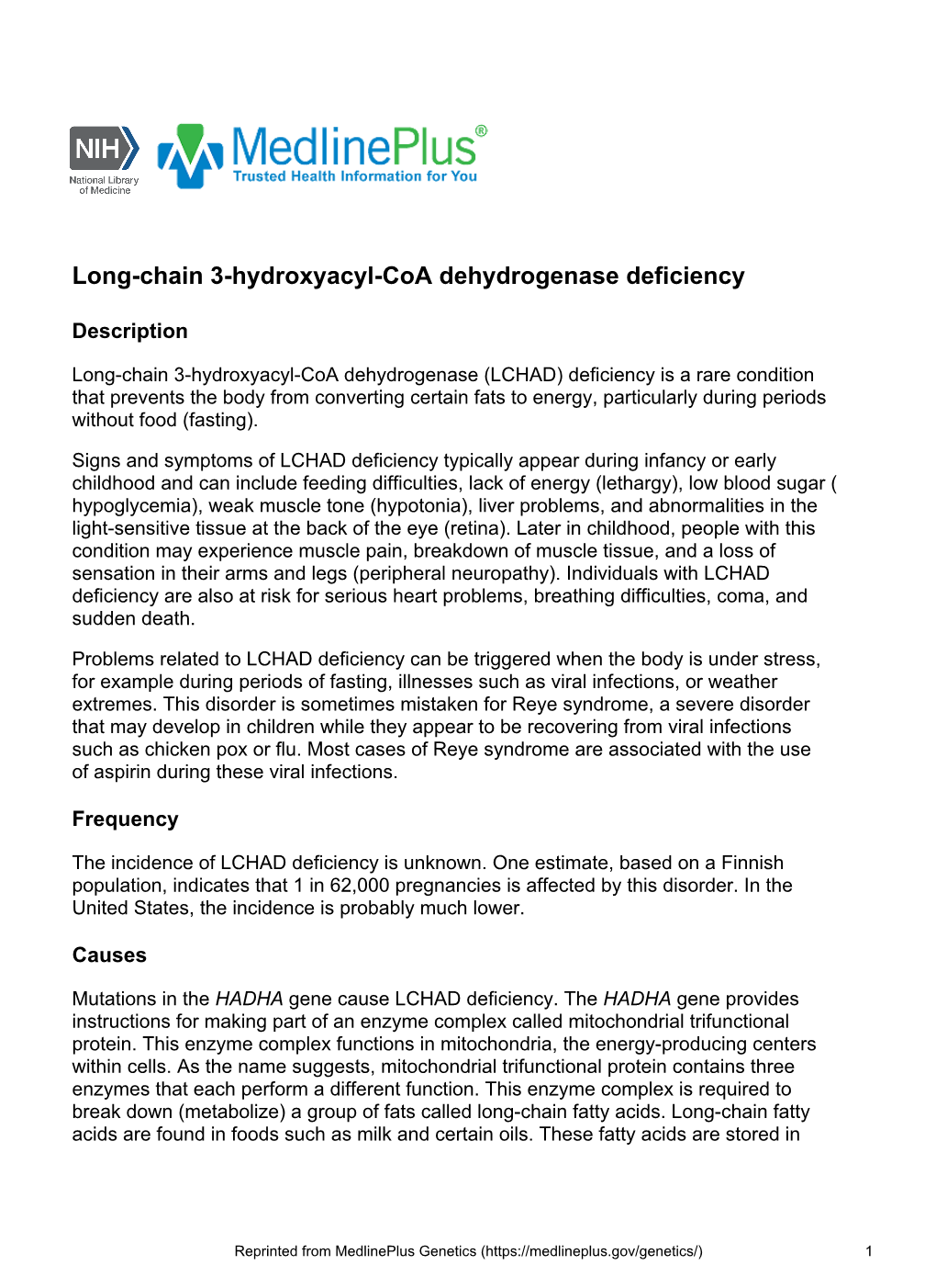 Long-Chain 3-Hydroxyacyl-Coa Dehydrogenase Deficiency