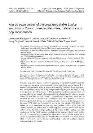 A Large Scale Survey of the Great Grey Shrike Lanius Excubitor in Poland: Breeding Densities, Habitat Use and Population Trends