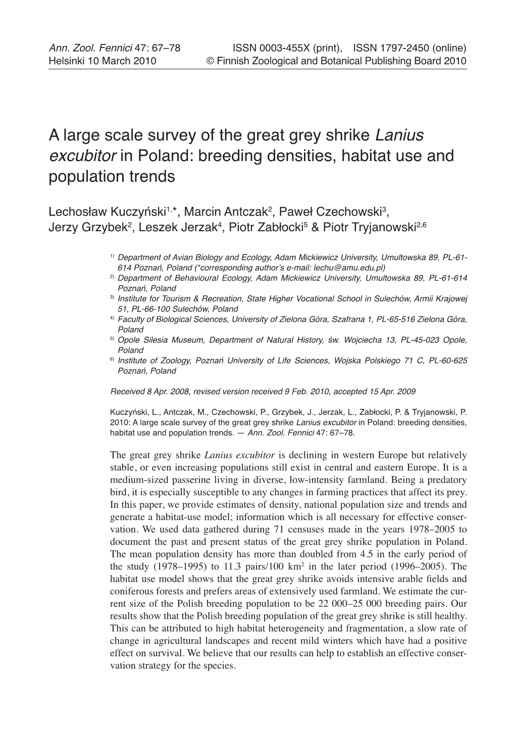 A Large Scale Survey of the Great Grey Shrike Lanius Excubitor in Poland: Breeding Densities, Habitat Use and Population Trends