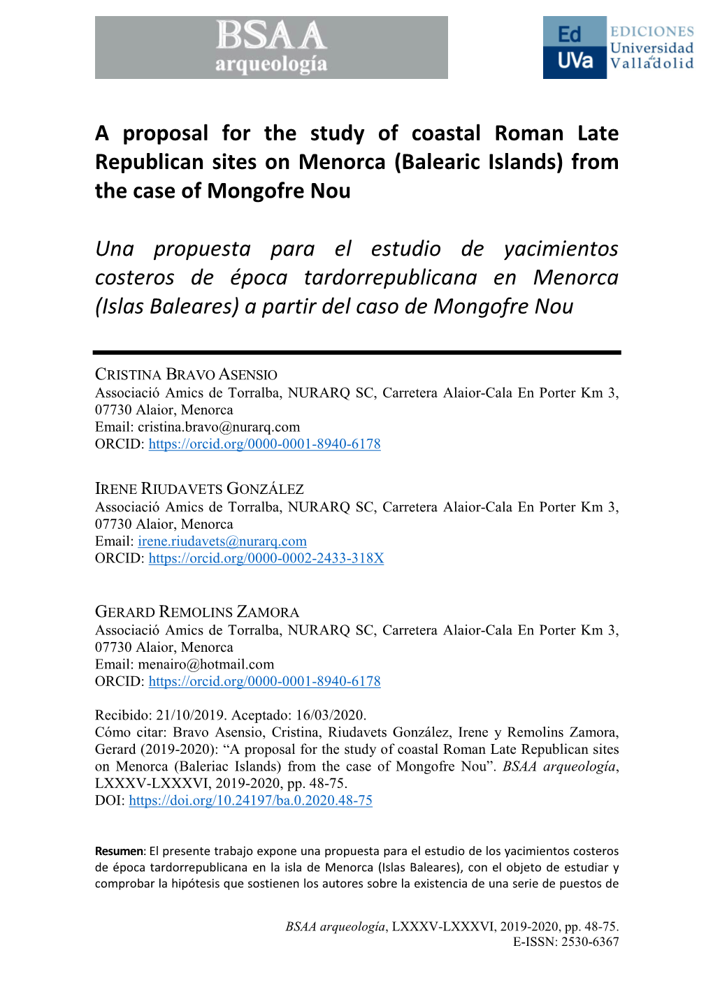 A Proposal for the Study of Coastal Roman Late Republican Sites on Menorca (Balearic Islands) from the Case of Mongofre Nou