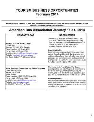 TOURISM BUSINESS OPPORTUNITIES February 2014 American Bus Association January 11-14, 2014