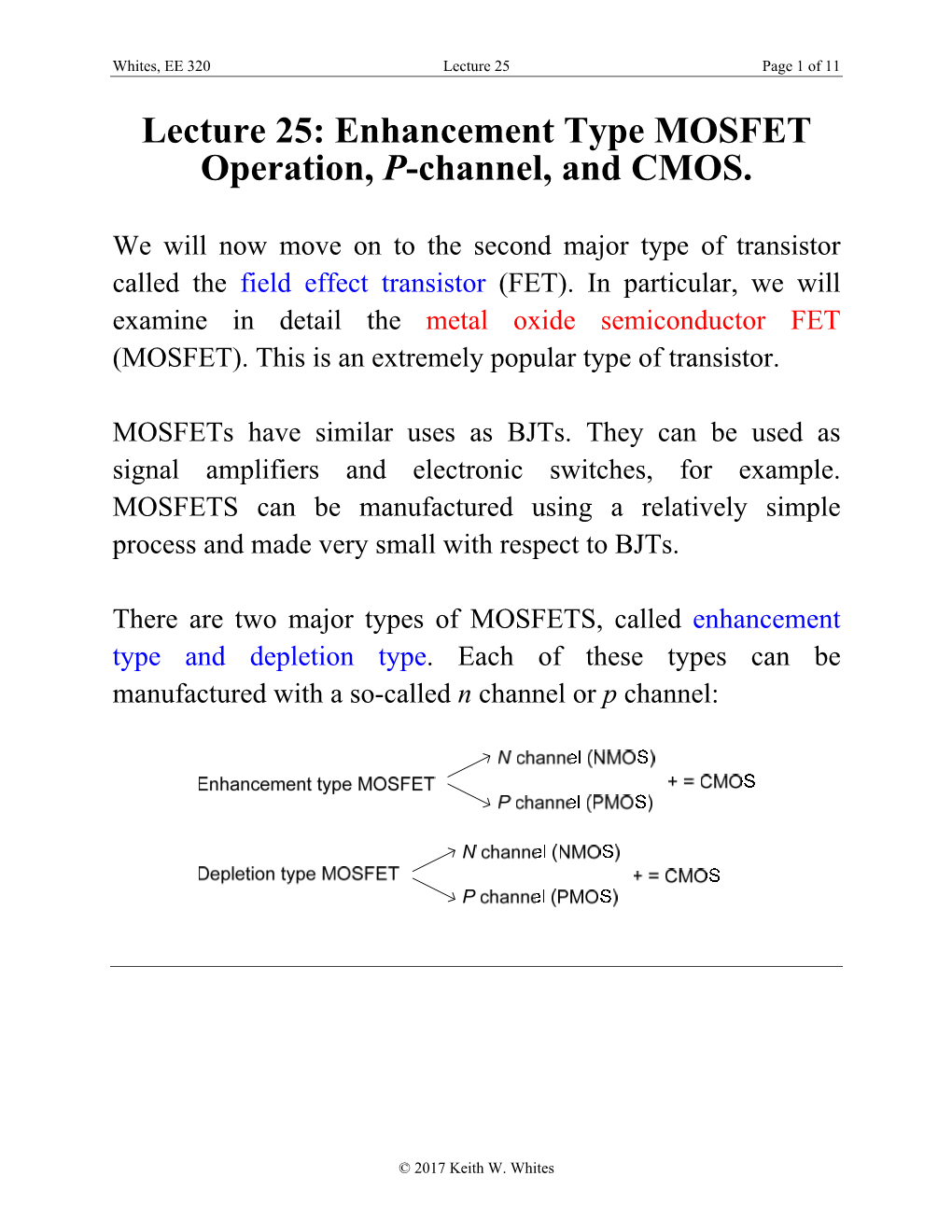 Lecture 25: Enhancement Type MOSFET Operation, P-Channel, and CMOS
