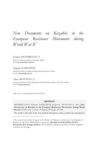 New Documents on Kazakhs in the European Resistance Movements During World War II *