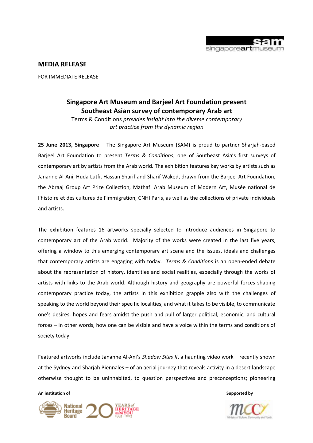 MEDIA RELEASE Singapore Art Museum and Barjeel Art