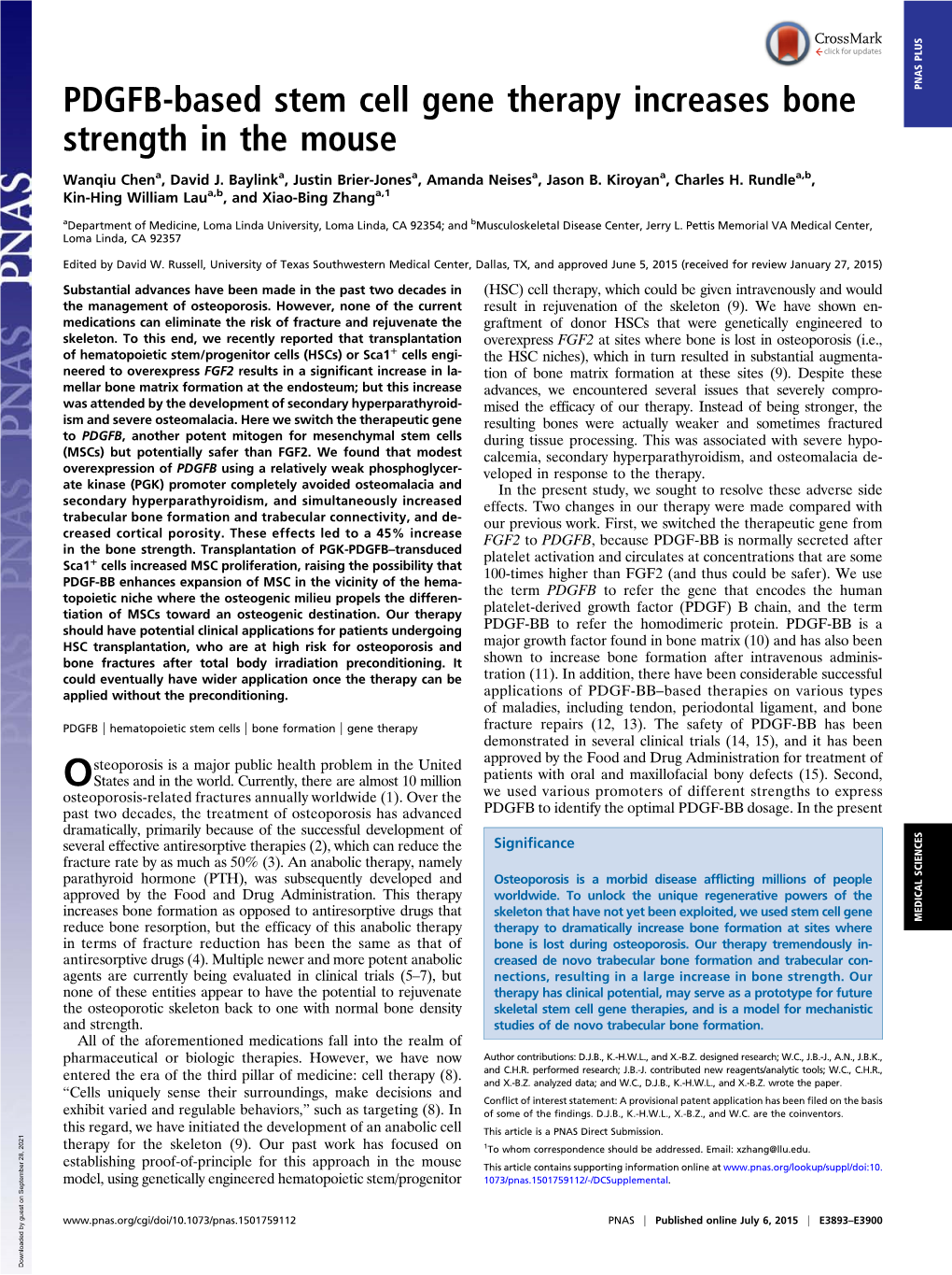 PDGFB-Based Stem Cell Gene Therapy Increases Bone Strength in the Mouse