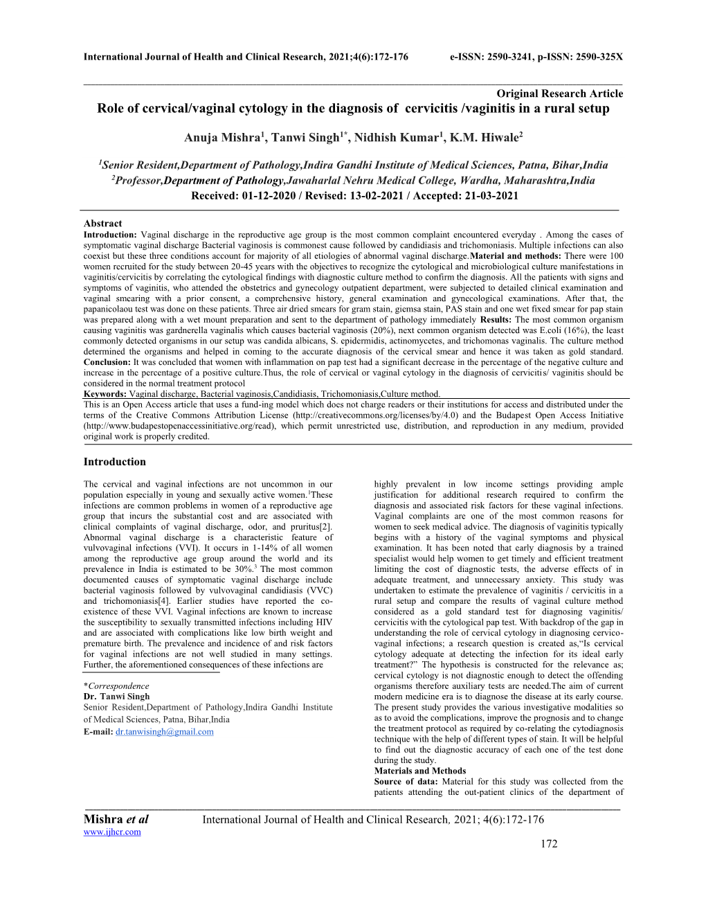 Role of Cervical/Vaginal Cytology in the Diagnosis of Cervicitis /Vaginitis in a Rural Setup