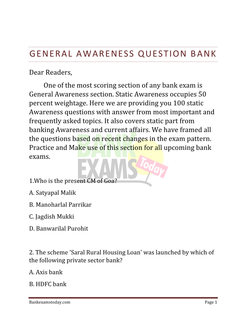 General Awareness Question Bank