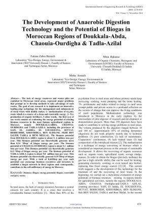 The Development of Anaerobic Digestion Technology and the Potential of Biogas in Moroccan Regions of Doukkala-Abda, Chaouia-Ourdigha & Tadla-Azilal