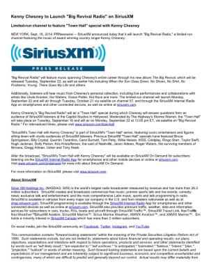 Kenny Chesney to Launch "Big Revival Radio" on Siriusxm