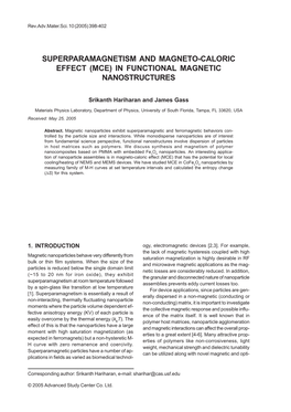 Superparamagnetism and Magneto-Caloric Effect (Mce) in Functional Magnetic Nanostructures