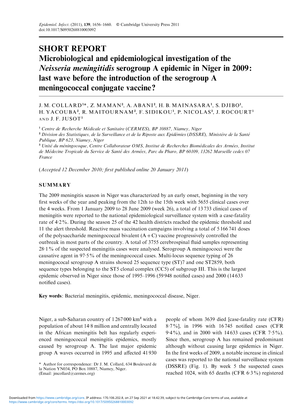 SHORT REPORT Microbiological and Epidemiological Investigation of The