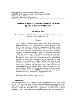 Overview of Special Economic Zones (Sezs) with a Special Reference to Haryana