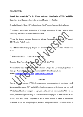 Genetic Heterogeneity in Van Der Woude Syndrome: Identification of NOL4 and IRF6 Haplotype from the Noncoding Region As Candidates in Two Families