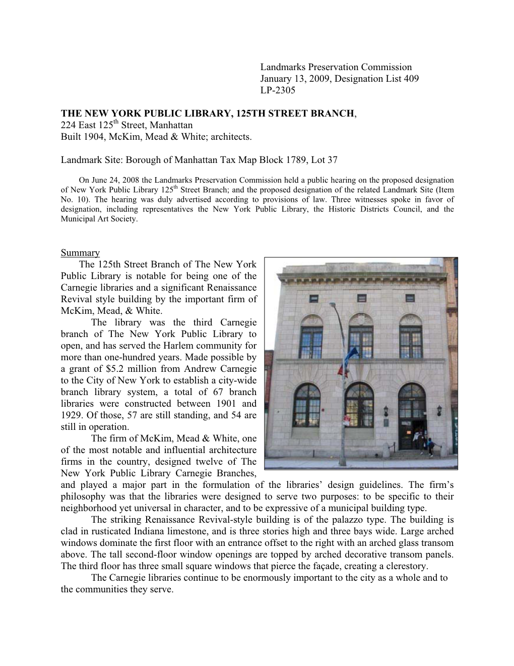 Landmarks Preservation Commission January 13, 2009, Designation List 409 LP-2305