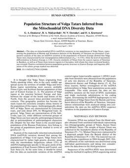 Population Structure of Volga Tatars Inferred from the Mitochondrial DNA Diversity Data G