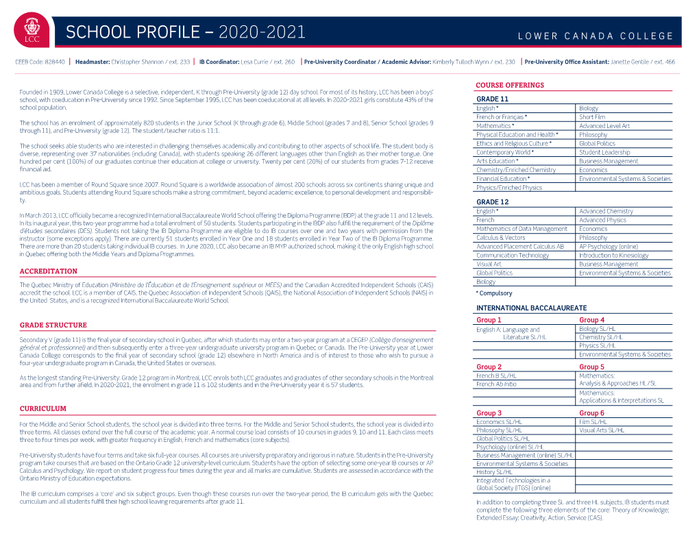 School Profile – 2020-2021 L O Wer C a Nada Co Llege