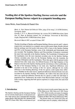 Nestling Diet of the Spotless Starling Sturnus Unicolor and the European Starling Sturnus Vulgaris in a Sympatric Breeding Area